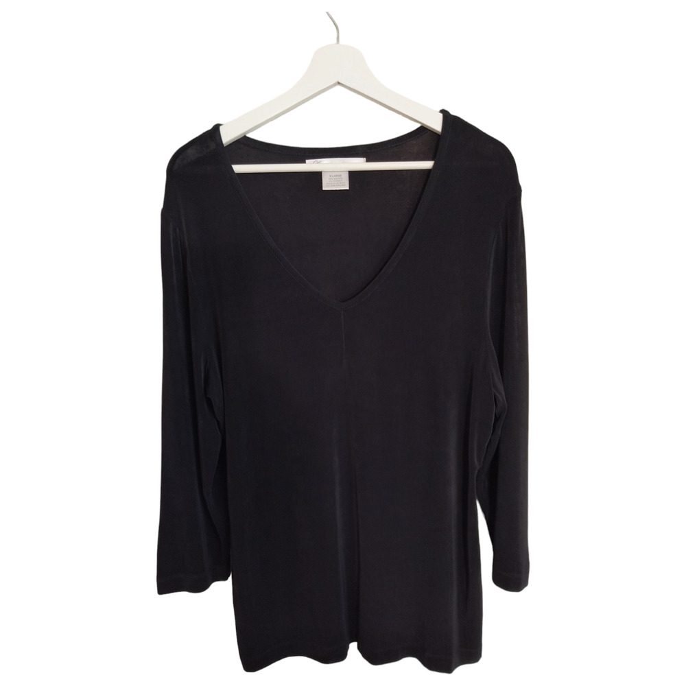 Kiara Tunic Top Women's XL Black Slinky Stretch Knit Long sleeve V Neck Longline